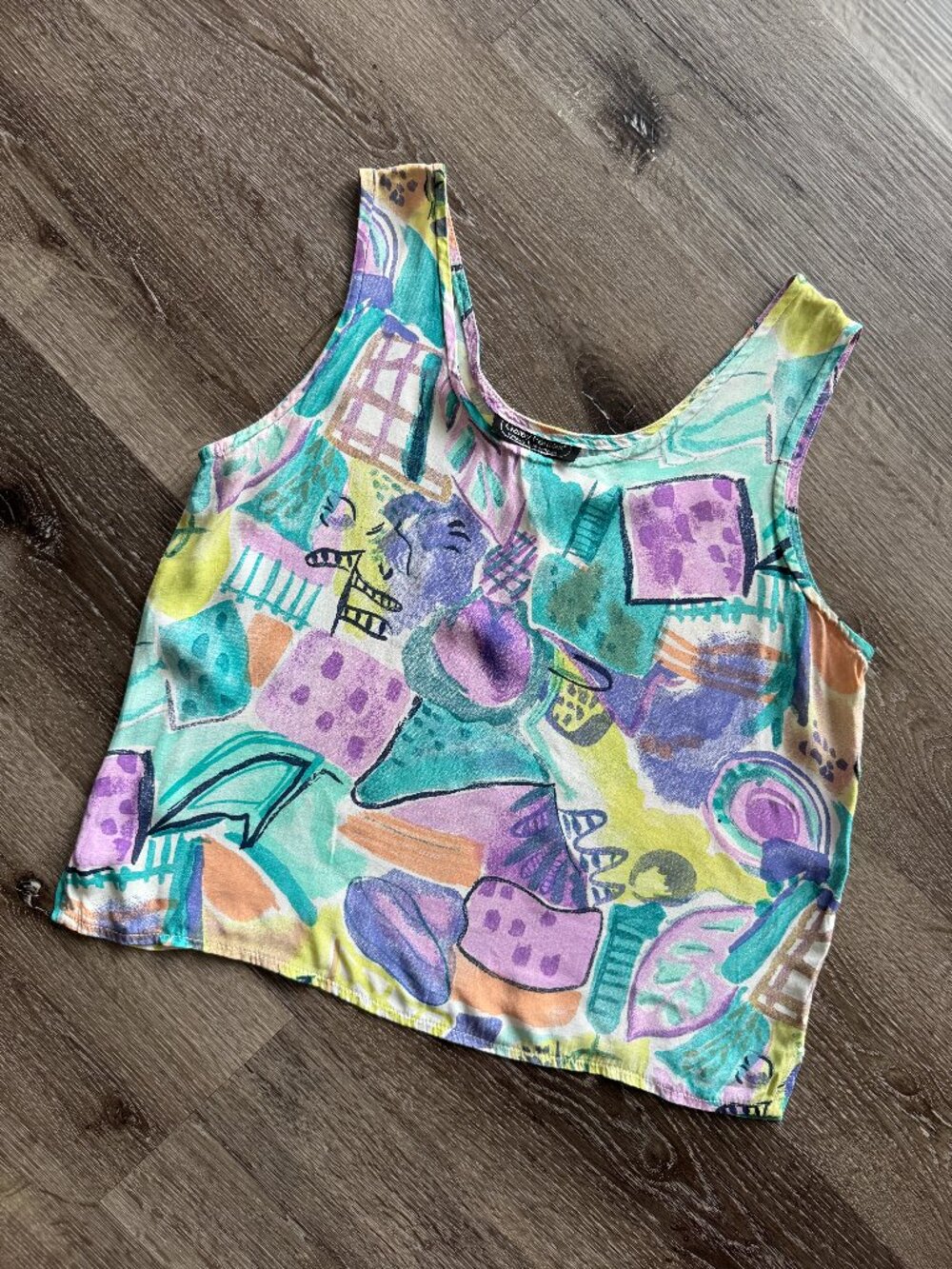 Vtg 80s Garey Petites pastel colourful graphic art satin tank top / S